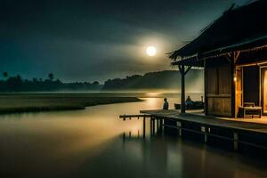 een huis Aan een dok Bij nacht met een vol maan. ai-gegenereerd foto