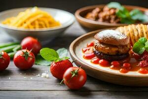 een bord van voedsel met tomaten, kaas en brood. ai-gegenereerd foto