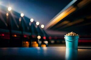 een emmer van popcorn Aan een tafel in voorkant van een lit omhoog gebouw. ai-gegenereerd foto