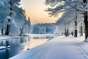 winter landschap met bomen en sneeuw Aan de grond. ai-gegenereerd foto