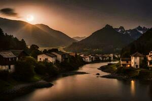 foto behang de lucht, bergen, rivier, dorp, zonsondergang, de maan, de zon,. ai-gegenereerd