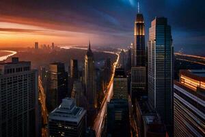 de stad horizon Bij zonsondergang in Chicago. ai-gegenereerd foto