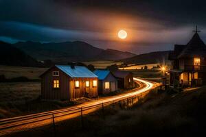 een vol maan schijnt over- een landelijk weg Bij nacht. ai-gegenereerd foto