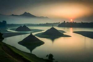 de zon stijgt over- een meer met drie pagodes. ai-gegenereerd foto