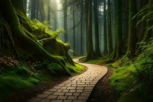 een pad in de Woud met bemost bomen en groen gras. ai-gegenereerd foto