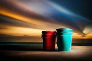 twee rood en blauw cups zittend Aan de strand Bij zonsondergang. ai-gegenereerd foto