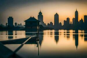 een boot is aangemeerd in de water Bij zonsondergang. ai-gegenereerd foto