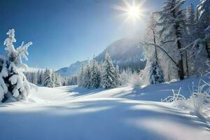 sneeuw gedekt bomen en de zon schijnend in de lucht. ai-gegenereerd foto