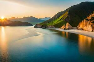 de zon sets over- een strand en bergen. ai-gegenereerd foto