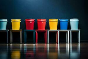 een rij van kleurrijk plastic cups Aan een tafel. ai-gegenereerd foto