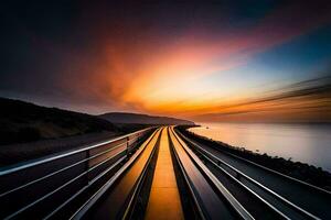 een trein bijhouden gaan over- de oceaan Bij zonsondergang. ai-gegenereerd foto