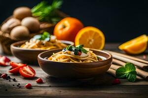 spaghetti met groenten en eieren Aan een houten tafel. ai-gegenereerd foto