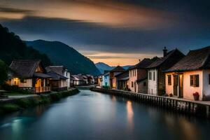 foto behang de lucht, water, huizen, rivier, zonsondergang, de dorp, de rivier,. ai-gegenereerd