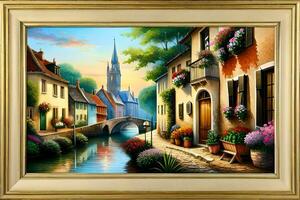 een schilderij van een klein stad- met bloemen en een brug. ai-gegenereerd foto