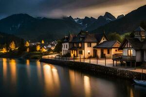 foto behang de lucht, bergen, meer, huis, huis, de nacht, de bergen,. ai-gegenereerd