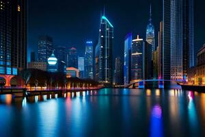 een stad horizon Bij nacht met lichten reflecterend uit de water. ai-gegenereerd foto