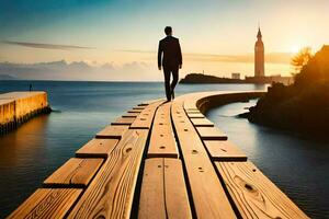 een Mens wandelen Aan een houten brug over- water. ai-gegenereerd foto