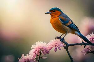 een blauw en oranje vogel is neergestreken Aan een Afdeling. ai-gegenereerd foto