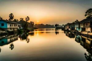 een rivier- met huizen en palm bomen Bij zonsondergang. ai-gegenereerd foto