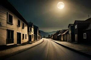 een straat met huizen en een vol maan. ai-gegenereerd foto