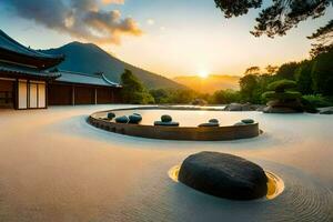 een Japans tuin Bij zonsondergang. ai-gegenereerd foto