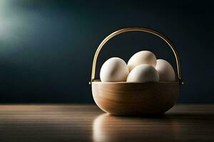 eieren in een mand Aan een houten tafel. ai-gegenereerd foto