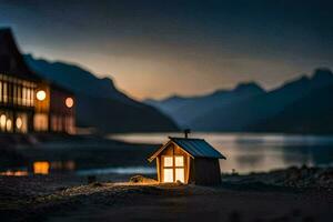 foto behang de lucht, bergen, huis, de licht, de meer, de huis, de. ai-gegenereerd