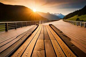 een houten brug met de zon instelling achter het. ai-gegenereerd foto