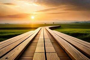 een houten loopbrug Leidt naar de zon. ai-gegenereerd foto
