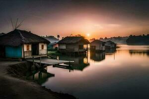 een klein dorp met rieten hutten Aan de kust van een meer. ai-gegenereerd foto