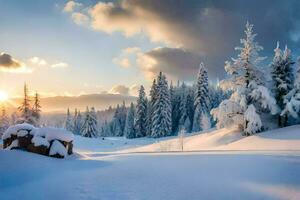 foto behang de lucht, sneeuw, bomen, de zon, bomen, de Woud, de zon. ai-gegenereerd