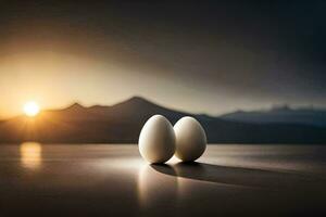 twee eieren zijn zittend Aan een tafel in voorkant van een berg. ai-gegenereerd foto