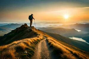 de Mens Aan de berg. ai-gegenereerd foto