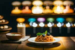 spaghetti en melk Aan een bord. ai-gegenereerd foto