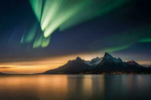 de Aurora borealis lichten omhoog de lucht over- bergen. ai-gegenereerd foto