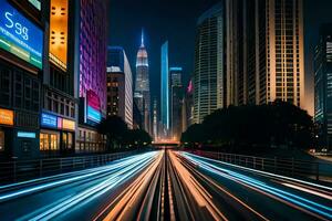 een stad straat Bij nacht met licht paden. ai-gegenereerd foto