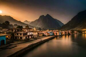 foto behang de lucht, bergen, rivier, zonsondergang, de stad, Indië, de zon. ai-gegenereerd