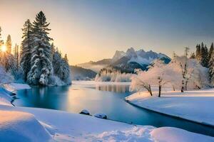 een mooi winter landschap met sneeuw gedekt bomen en een meer. ai-gegenereerd foto