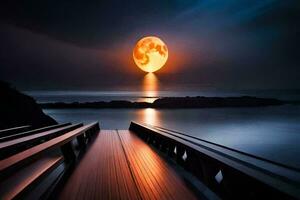 een brug over- de oceaan met een vol maan. ai-gegenereerd foto