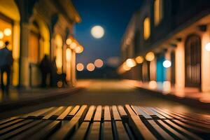 een straat met banken en een straat licht Bij nacht. ai-gegenereerd foto