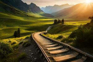 een trein bijhouden gaan door de bergen Bij zonsondergang. ai-gegenereerd foto