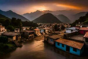 een dorp in de bergen Bij zonsondergang. ai-gegenereerd foto
