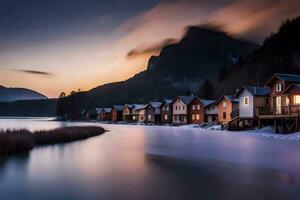 foto behang de lucht, bergen, meer, huizen, de dorp, de meer, de dorp. ai-gegenereerd