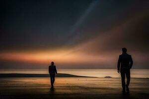twee mensen wandelen Aan de strand Bij zonsondergang. ai-gegenereerd foto