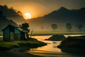 de zon stijgt over- een klein hut in de midden- van een rivier. ai-gegenereerd foto