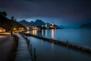 een pier in de midden- van een meer Bij nacht. ai-gegenereerd foto