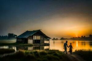 de paar is wandelen naar de huis Bij zonsopkomst. ai-gegenereerd foto