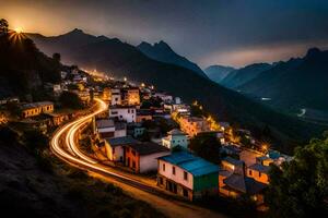 een stad- in de bergen Bij nacht. ai-gegenereerd foto