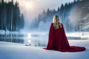 een vrouw in een rood mantel staat in de sneeuw door een meer. ai-gegenereerd foto