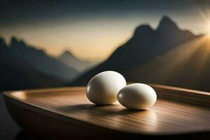 twee eieren Aan een houten dienblad met bergen in de achtergrond. ai-gegenereerd foto